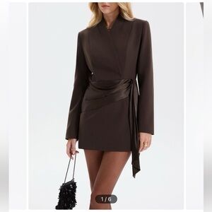 Satin-Wrapped Belted Blazer Dress